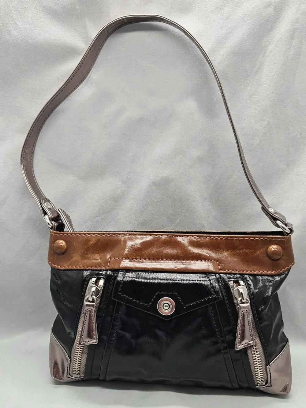 Kate Landry Vinyl Shoulder Bag Black Brown Small Hobo Purse Shiny Y2K 90s